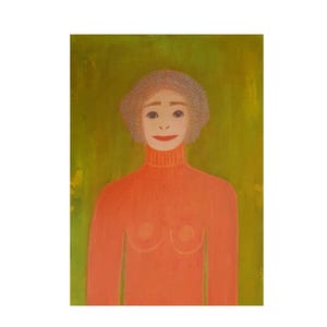 portrait original, femme sur fond vert, pull orange, fantaisiste insolite, cadeau atypique