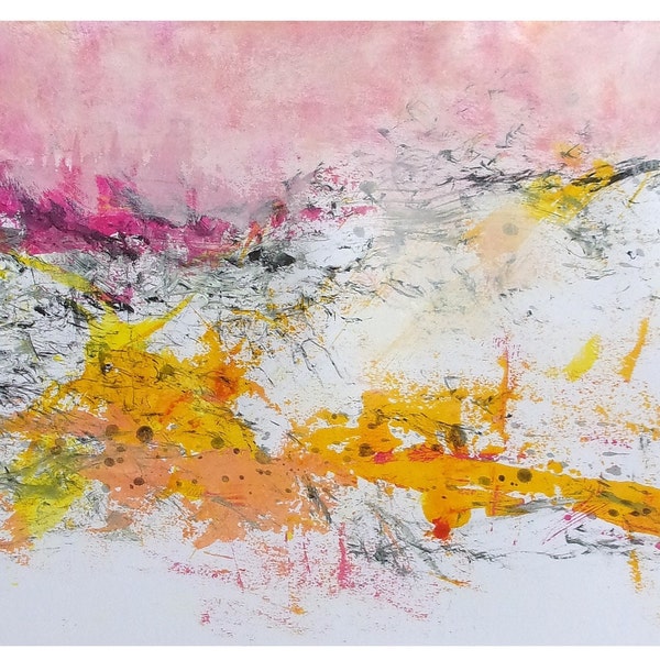 zao wou ki style, white pink yellow black, Original abstract painting, house warming gift, gestural colorful, landscape modern