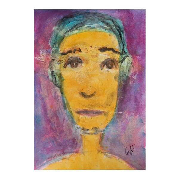 Portrait garçon multicolore pop, jaune mauve, regard expressif, Visage Original, contemporain