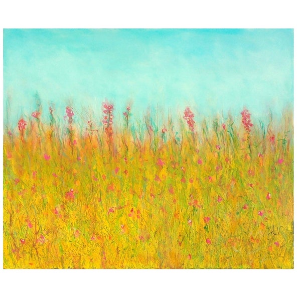 Tableau ciel bleu prairie, fleurs texturées multicolores, paysage campagne original, champs pré blé, moderne