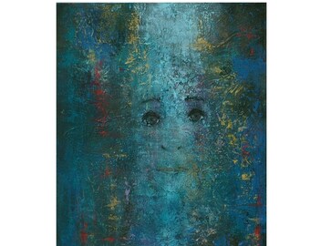Puede incluir: Pintura abstracta con un fondo texturizado azul y verde. Una imagen tenue de una cara con ojos y boca es visible en el centro de la pintura.
