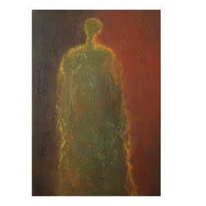 standing figure, brown yellow canvas, Original textured, dark light, raw abstract figurative, night evening
