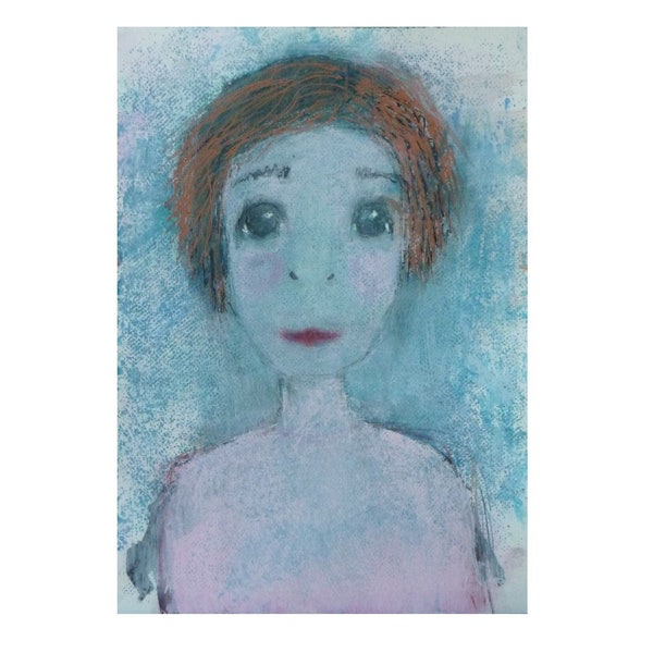 portrait enfant, bleu rose pâle pastel, visage ange, original moderne, cadeau fille, fée créature unique