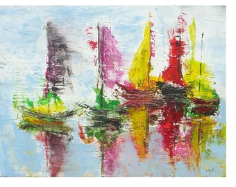 Original sailing canvas, whimsical seascape, Abstract sailboats, nautical decor, colorful,  gift for husband