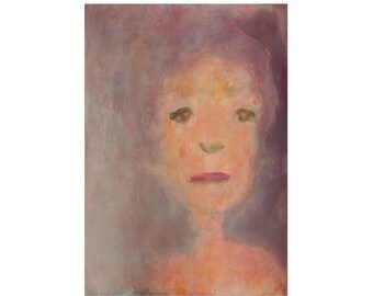May include: An abstract painting of a person's face. The face is painted with soft brushstrokes in shades of peach, pink, and brown. The eyes are brown, the lips are pink, and the background is a blend of purple and gray.