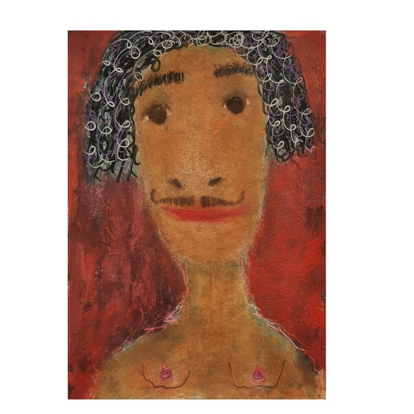 Reserved, lgbtq whimsical face figure, colorful red, Original folk outsider portrait