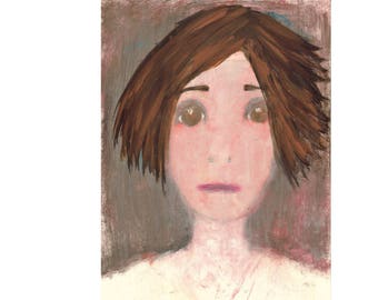 shy woman portrait painting grey blush brown face Artwork unique modern contemporary on paper Original Wall art Gift for women sister mum
