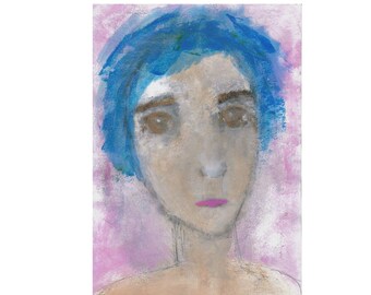 May include: A painting of a person with blue hair and a pink background. The person has brown eyes and a light pink mouth.