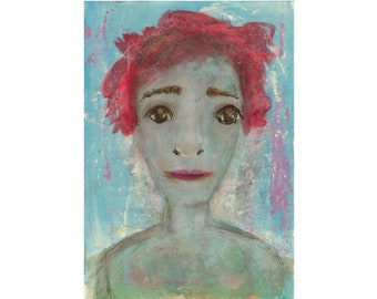 colorful girl face, red hair portrait, woman melancholia, abstract figurative Artwork