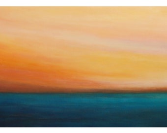 Large sunset canvas, Sea sky clouds painting, orange peach blue, colorful seascape, evening Original, artwork wall decor