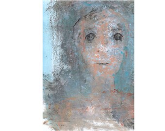 May include: A painting of a person's face with a blue and gray background. The person's eyes are closed and their mouth is slightly open. The painting is done in a loose, expressive style.