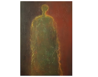 standing figure, brown yellow canvas, Original textured, dark light, raw abstract figurative, night evening