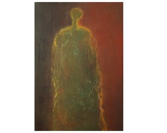 standing figure, brown yellow canvas, Original textured, dark light, raw abstract figurative, night evening