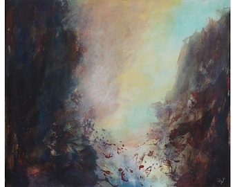 abstract landscape painting, Blue yellow brown, dark light, original canvas