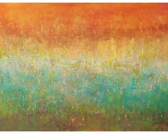 colorful abstract canvas, orange blue green light, textured artwork, Large multicolored painting