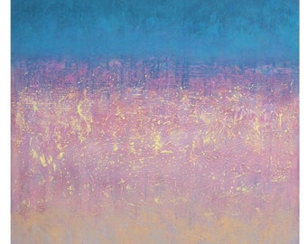 abstract landscape painting, pink turquoise blue yellow peach, original textured, soft serene canvas