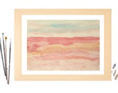 Small abstract landscape painting coral blush blue on paper Original horizontal Gift for women men sister her artwork wall art bedroom decor