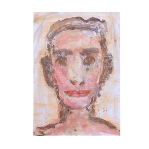 May include: A painting of a person's face. The face is painted in shades of brown, pink, and white. The person has brown hair and brown eyes. The background is a light beige color.