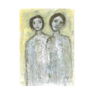 May include: A painting of two people standing side by side. They are both wearing white clothing and have a light blue background. The painting is done in a minimalist style with muted colors.