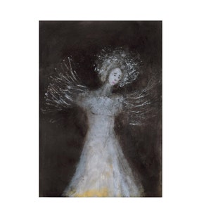 May include: A painting of a woman with white wings against a dark background. The woman is wearing a white dress and has a halo of white around her head. The painting is done in a loose, expressive style.