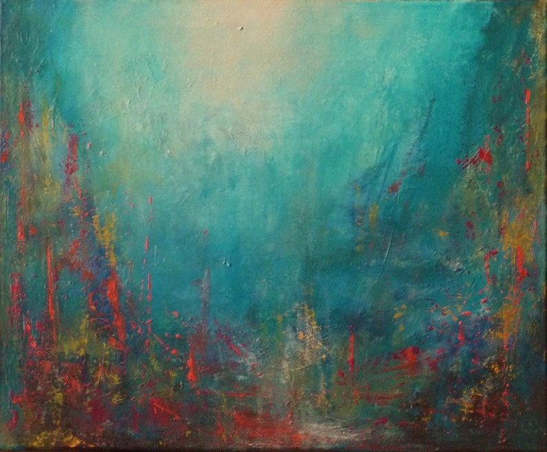 abstract seascape painting, Blue teal red grey, Original water lake river, deep sea, gift for him image 2