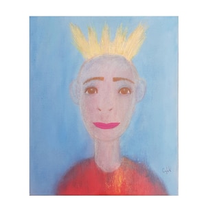 May include: An abstract painting of a person with a crown of yellow hair. The person has a pink face, pink lips, and a red shirt. The background is a light blue color. The painting is signed in the bottom right corner.