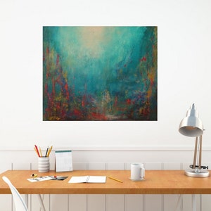 abstract seascape painting, Blue teal red grey, Original water lake river, deep sea, gift for him image 3