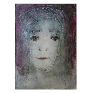 May include: An abstract portrait painting of a person with brown eyes and a neutral expression. The artwork features a muted color palette with shades of gray, purple, and white. The subject's hair is depicted with blue lines.