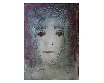 May include: An abstract portrait painting of a person with brown eyes and a neutral expression. The artwork features a muted color palette with shades of gray, purple, and white. The subject's hair is depicted with blue lines.