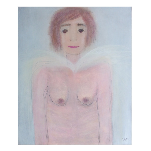 nude girl figure, angel face, intimate canvas, childhood, whimsical portrait, original woman, bust painting, pastel soft colors