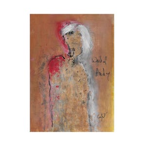 May include: Abstract portrait painting with a figure in shades of red, white, and gold against a brown background. The artwork features the text "Warhol Andy" in black script, with a signature at the bottom.
