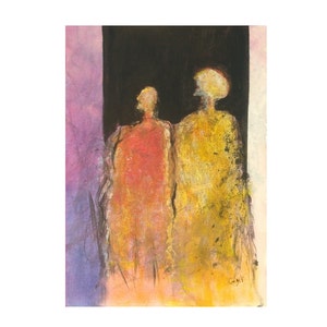 May include: Abstract painting of two figures standing side-by-side in front of a dark background. The figure on the left is wearing a red and yellow robe, while the figure on the right is wearing a yellow robe. The background is a soft purple.