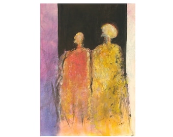 May include: Abstract painting of two figures standing side-by-side in front of a dark background. The figure on the left is wearing a red and yellow robe, while the figure on the right is wearing a yellow robe. The background is a soft purple.