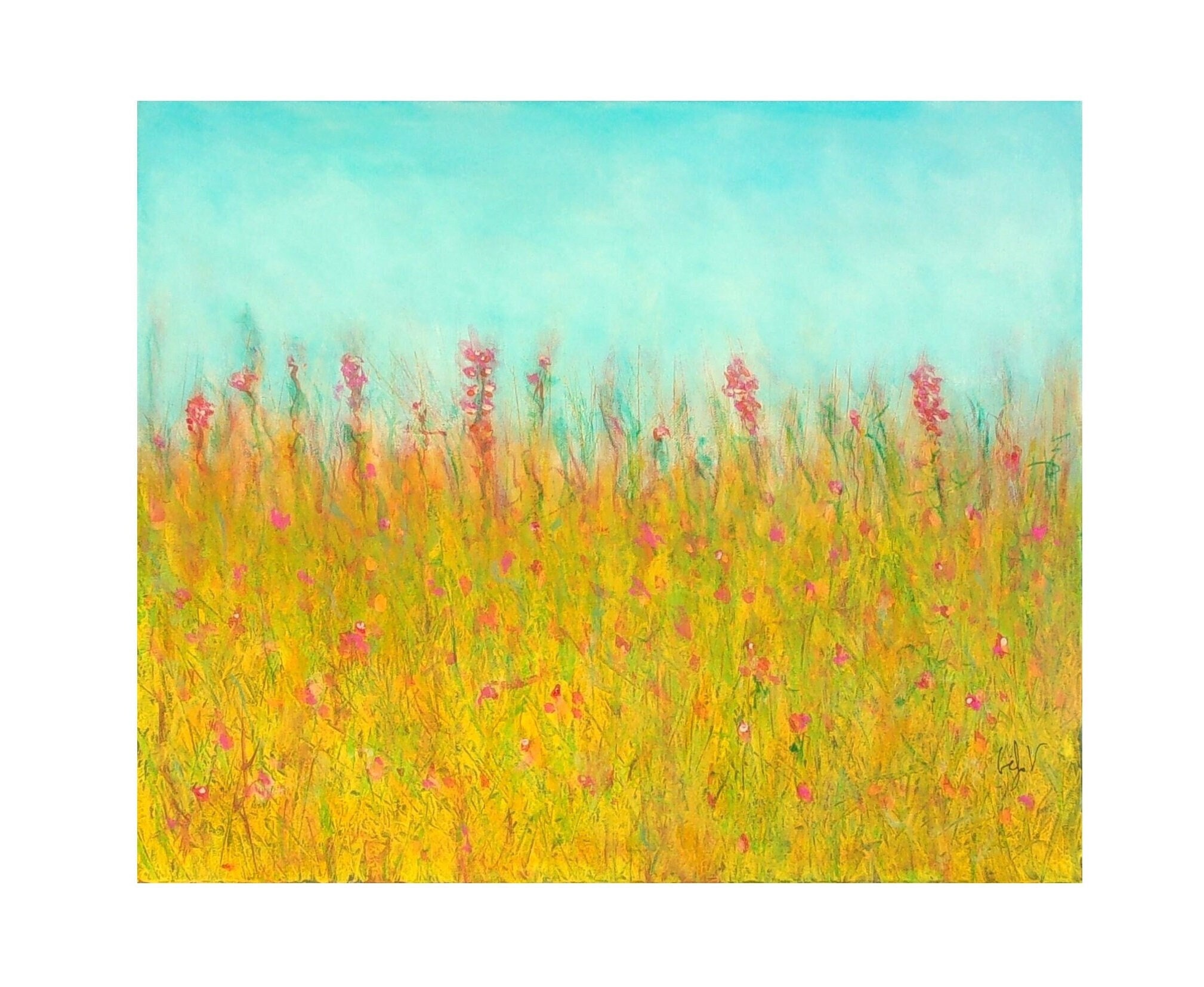 Original abstract landscape, meadow flowers, blue sky painting, colorful yellow green, Peaceful canvas, gift for wife