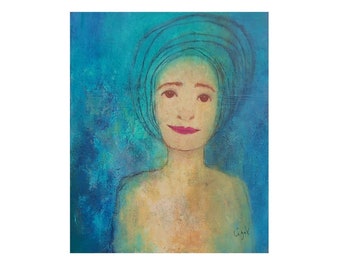 Portrait fille au turban, bleu jaune pâle, tableau original, visage expressif, bouche rose, yeux marrons, insolite singulier