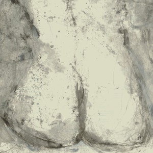 May include: Abstract painting in shades of grey and white with a textured, brushstroke effect. The painting has a light, airy feel and is reminiscent of a human form.