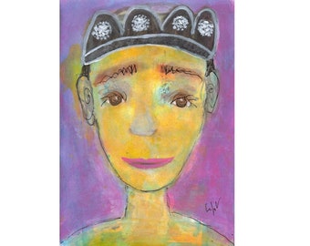 Portrait multicolore enfant, mauve jaune noir, roi couronne, Original coloré, contemporain moderne, cadeau elle fille