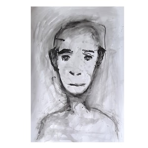 May include: A black and white watercolor portrait of a person. The artwork features a somber expression with dark eyes and a subtle smile. The brushstrokes create a textured effect, with the figure's shoulders and upper chest visible.