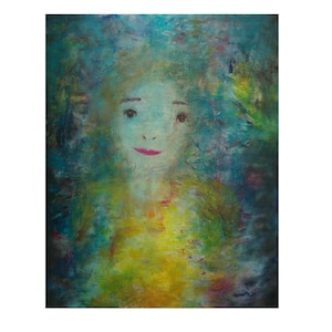 May include: Abstract painting of a woman's face with a yellow background and blue and green brushstrokes.