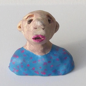 folk bust, original statue, whimsical monster, turquoise blue beige pink, funny unique, paper weight, handmade gift for friend
