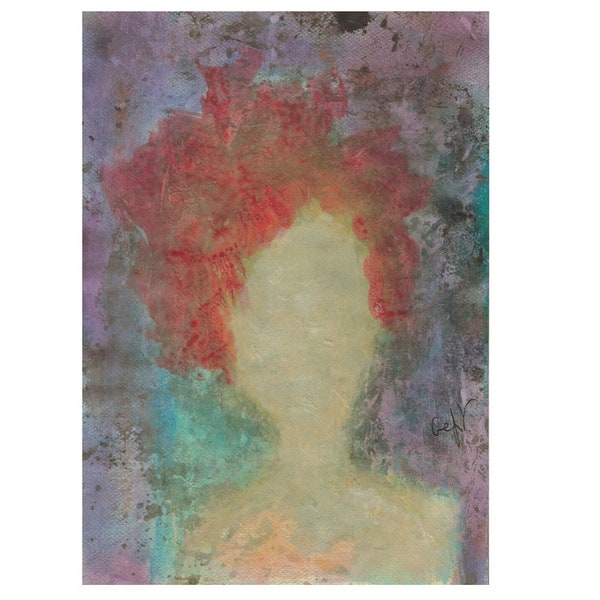 Portrait sans Visage original, beige mauve bleu, cheveux rouge, abstrait insolite, bizarre singulier