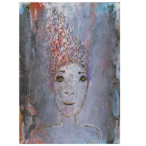 soft girl face, grey blue orange, woman head, Original Small