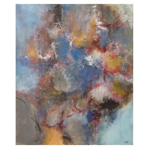 May include: Abstract painting with a blend of colors including blue, gray, yellow, and red. The artwork features a textured surface with visible brushstrokes, creating a dynamic and expressive composition. The painting is on a rectangular canvas.