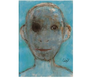 May include: A painting of a person's face with blue skin and a black eye. The background is a light blue color. The artist's signature, "Cesar", is in the bottom right corner.