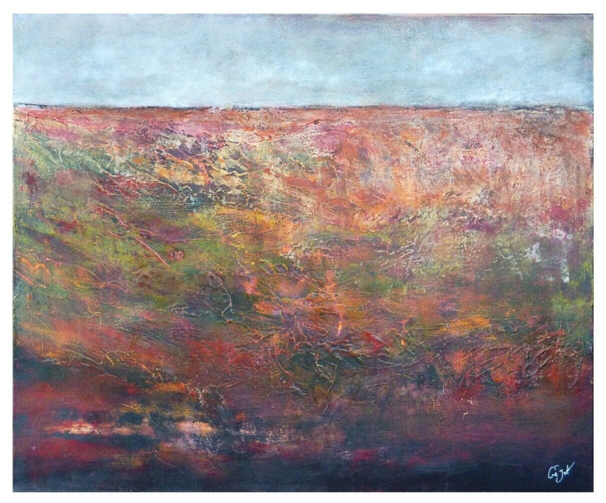 abstract landscape painting, grey sky, terracotta brown grey, green burnt orange, Original Mountain, unique unusual, gift for husband
