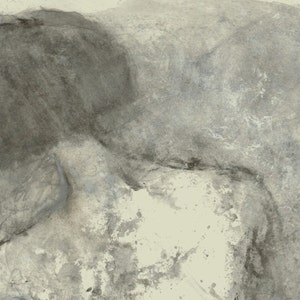 May include: A black and white abstract painting with a textured background. The painting features a figure with a head and shoulders, with the rest of the body obscured by the background.