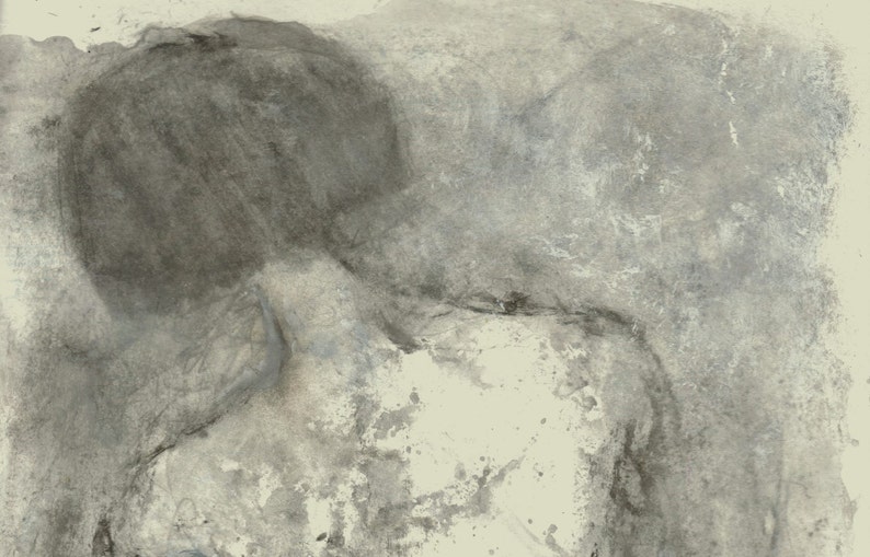 May include: A black and white abstract painting with a textured background. The painting features a figure with a head and shoulders, with the rest of the body obscured by the background.