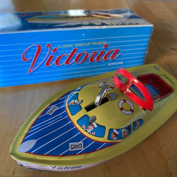 Vintage Schylling “Victoria“ Tin Clockwork Speedboat - NOT WORKING - Tin Toy - 1990's in Box