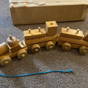 Vintage Wooden Pull Along Stacking Train Set with Interchangeable Blocks to Sort & Build
