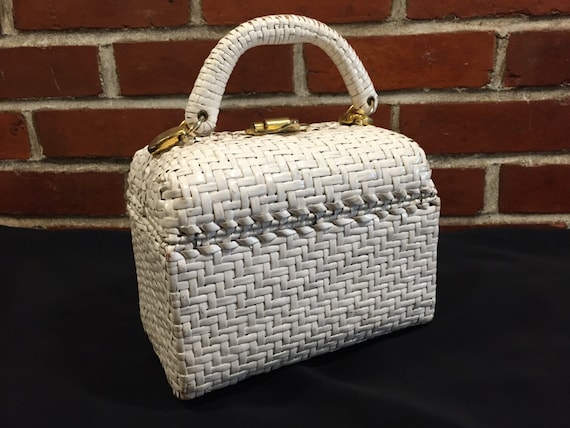 Vintage Saks Fifth Avenue Purse, White Wicker, Gold Tone Accents, Red Leather lining, Couture